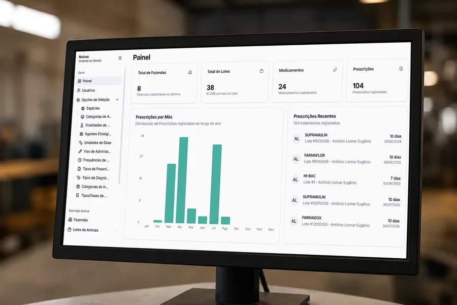 Monitor exibindo o painel do Nutrac com o gráfico de prescrições por mês